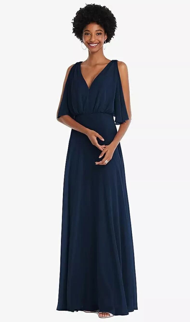 2842 NWOT 1565 After Six V-Neck Split Sleeve Blouson Bodice Maxi Dress Midnight